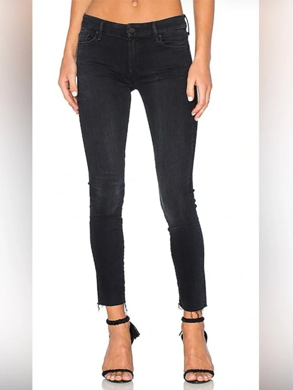 Mother High Waisted Looker Ankle Fray Blackbird Jeans